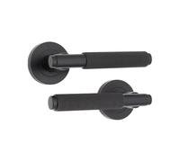 Infinity Decor Matt Black Knurled Lever Door Pull Handles on Sprung Rose Latch Pack - for Interior & Exterior Wooden Doors