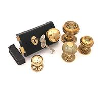 Infinity Decor Old Victorian Style Black Door Rim Lock + Antique Solid Brass Door Knob Set (N) (Cottage Small 40mm)