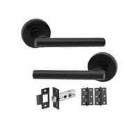 Infinity Decor Pack of Matt Black T-Bar Lever Door Handle on Rose with Tubular Latch and Butt Hinges Set - Pull Handles for Internal and External Doors