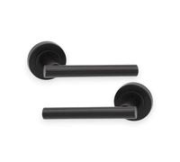 Infinity Decor Pack of Straight T-Bar Matt Black Lever Door Pull Handles on Sprung Rose Latch Pack - for Interior & Exterior Doors