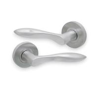 Infinity Decor Pair of Bell Satin Chrome Solid Brass Lever Latch Door Handles on Round Rose Set - Ideal for Interior & Exterior Doors