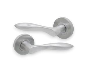 Infinity Decor Pair of Bell Satin Chrome Solid Brass Lever Latch Door Handles on Round Rose Set - Ideal for Interior & Exterior Doors