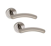 Infinity Decor Pair of Tang Curved Lever Door Handle on Round Rose Set in Satin Nickel Finish Interior Pull Handles - Ideal for Interior and Exterior use