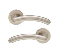 Infinity Decor Pair of Tang Curved Lever Door Handle on Round Rose Set Satin Nickel Interior Pull Handles - Ideal for Interior and Exterior use