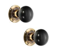 Infinity Decor Pair of Traditional Style Ebony Bun Wood Rim Door Knobs Set 60mm Aged Brass Rose Wooden Handles - Suitable for Interior & Exterior Doors