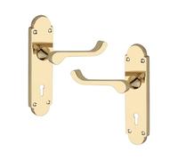 Infinity Decor Pair of Victorian Scroll Lever on Shaped Backplate Door Handle in Polished Brass Finish - Key Lock Handle Ideal for Interior and Exterior Doors