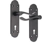 Infinity Decor Pair of Victorian Scroll Matt Black Curved Lever on Shaped Backplate Keyhole Lock Door Handles Set - Ideal for Interior & Exterior Doors