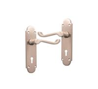 Infinity Decor Pair of Victorian Scroll Satin Nickel Curved Lever on Shaped Backplate Keyhole Lock Door Handles Set - Ideal for Interior & Exterior Doors