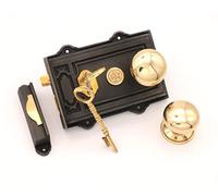 Infinity Decor Period Brass Door Knobs Set with Antique Cast Iron/Brass Davenport Door Rim Lock (Cottage Large)