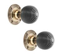 Infinity Decor Pure Solid Ebony Wood Mortice/Rim Door Knobs in 3 Finishes/Wooden Beehive Victorian Mortice Rim Knob/Solid Brass Rose Plate (Aged Brass)