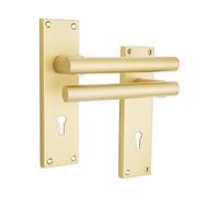 Infinity Decor Satin Brass Modern Lever Lock T-Bar Lever on Backplate Door Handle Pair Keyed Entry Passage Door Pull Set - Ideal for Internal & External Use