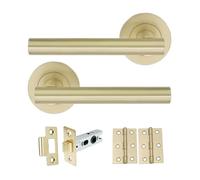 Infinity Decor Set of T-Bar Straight Satin Brass Lever Door Pull Handles with 2.5” Tubular Latch and 3” Butt Hinges Pair Pack - for Interior & Exterior Doors