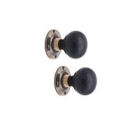 Infinity Decor Victorian Pure Ebony Bun Wood Mortice Rim Door Knobs Pull Handles on Aged Brass Rose Plate 60mm - Ideal for Interior & Exterior Use