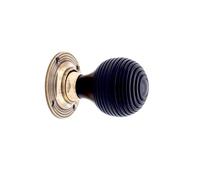 Infinity Decor Victorian Pure Ebony Wooden Beehive Mortice Rim Door Knobs Pull Handles on Aged Brass Rose 55mm - Ideal for Interior & Exterior Use