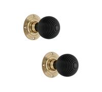 Infinity Decor Victorian Pure Ebony Wooden Beehive Mortice Rim Door Knobs Pull Handles on Polished Brass Rose 55mm - Ideal for Interior & Exterior Use