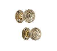 Infinity Decor Victorian Style Reeded Beehive Mortice Rim Door Knobs Set in Aged Brass Finish 50mm - Brass Pull Handles Ideal for Interior & Exterior Doors