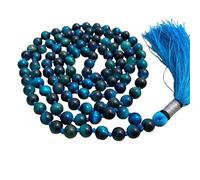 INFINITY GEMS Natural AAA Blue Tiger Eye Stone Mala Beads | 108 Mala Necklace | 8mm Knotted Mala | Tassel Necklace | Meditation Japa Mala
