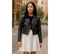 Infinity Leather Cropped Brando Leather Biker Jacket-Durban In Black Black 10