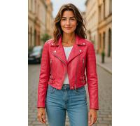 Infinity Leather Cropped Brando Leather Biker Jacket-Durban In Fuchsia Fuchsia