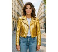 Infinity Leather Cropped Brando Leather Biker Jacket-Durban In Gold Gold