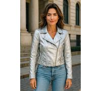 Infinity Leather Cropped Brando Leather Biker Jacket-Durban In Silver Silver