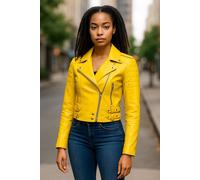 Infinity Leather Cropped Brando Leather Biker Jacket-Durban In Yellow Yellow