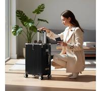 Infinity Leather Hard Shell Alloy Frame Cabin Suitcase 36 X 24 X 56 Cm Luggage In Black Black