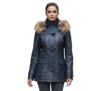 Infinity Leather Lamb Leather Quilted Parka Fur Hood Jacket- Duchess In Navy Navy