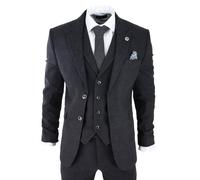 Infinity Leather Men's 3 Piece Tweed Suit Peaky Blinders 1920s Gatsby Classic Tailored Fit in True Black | Size: 48R Infinity Leather True Black 48R