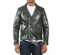 Infinity Leather Men's Cow Hide Biker Brando Cross Zip Leather Jacket - Green - 2XL