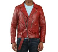 Infinity Leather Men's Cow Hide Biker Brando Cross Zip Leather Jacket - Red - 2XL