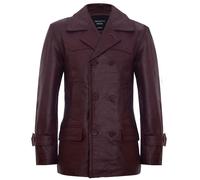 Infinity Leather Men's Cow Hide Dr Who Naval German Pea Coat Leather Jacket in Burgundy | Size: 5XL Infinity Leather Burgundy 5XL