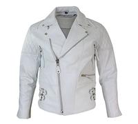 Infinity Leather Mens Cross Zip Cow Hide Padded Biker Jacket White Black Brando Vintage