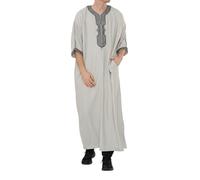 Infinity Leather Men's Grey Moroccan Thobe Robe Djellaba Arab Short Sleeve Charcoal Embroidery Gandoura Jubba