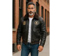 Infinity Leather Men's Leather Bomber Sheepskin Collar G-1 Aviator Jacket - Ararat in Jet Black | Size: XL Infinity Leather Jet Black XL