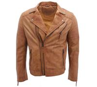 Infinity Leather Men's Slim Fit Brando Style Cross Zip Leather Biker Jacket in Tan | Size: Small Infinity Leather Tan S