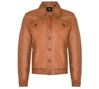 Infinity Leather Men's Trucker Slim Fit Leather Shirt Jeans Jacket in Tan | Size: Small Infinity Leather Tan S