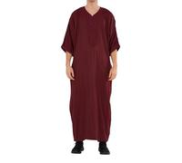 Infinity Leather Men's Wine Red Moroccan Thobe Jubba Robe Djellaba Arab Short Sleeve Embroidery Gandoura