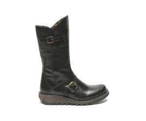 Infinity Leather Mes 2 Wedge Heel Buckle Mid-Calf Leather Zip Platform Boots In Black Black