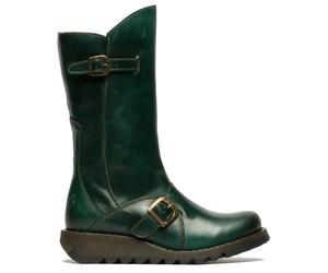 Infinity Leather Mes 2 Wedge Heel Buckle Mid-Calf Leather Zip Platform Boots In Bottle Green Bottle Green