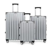 Infinity Leather Suitcase Trolley Carry On Hand Cabin Luggage Hard Shell PC Travel Bag Lightweight with Durable 4 Spinner Wheels (Silver, 3 Pcs Set)