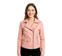 Infinity Leather Women's Classic Brando Biker Leather Jacket - Broome - Baby Pink - UK 2XL/18 | EU 44 | US 14
