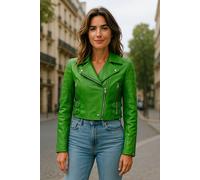 Infinity Leather Women's Cropped Brando Leather Biker Jacket-Durban in Green | Size: 20