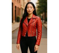 Infinity Leather Women's Cropped Brando Leather Biker Jacket-Durban in Red | Size: 12 Infinity Leather Red 12