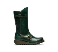 Fly London Womens Green MES 2 Wedge Heel Buckle Mid-Calf Leather Zip Platform Boots - Petrol - UK 4 | EU 37 | US 6