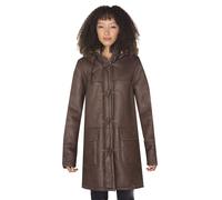 Women's Brown Long Winter Hooded Real Shearling Sheepskin Leather Duffle Coat
