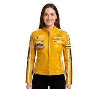 Infinity Leather Women's Leather Biker Racing Badges Jacket-Dalby in Yellow | Size: 24 Infinity Leather Yellow 24