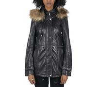 Infinity Leather Women's Leather Parka Coat 3/4 Removable Hood Fur Button Cover Zipped - Black - UK 12