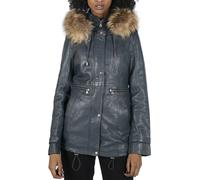 Infinity Leather Women's Leather Parka Coat 3/4 Removable Hood Fur Button Cover Zipped - Navy - UK 16