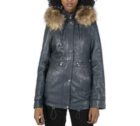 Infinity Leather Women's Leather Parka Coat 3/4 Removable Hood Fur Button Cover Zipped - Navy - UK 24